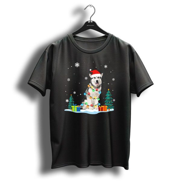 Christmas Siberian Husky With Santa Hat Lights Trees And Snowflakes T Shirt 1 t shirt 1