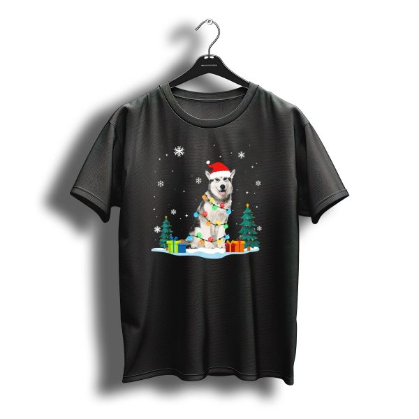 Christmas Siberian Husky With Santa Hat Lights Trees And Snowflakes T Shirt t shirt 1