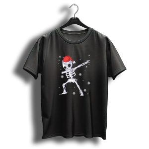 Christmas Skeleton Dabbing With Santa Hat And Snowflakes T Shirt