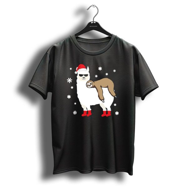 Christmas Sloth Napping On Sunglasses Llama With Santa Hat And Red Boots T Shirt 1 t shirt 1