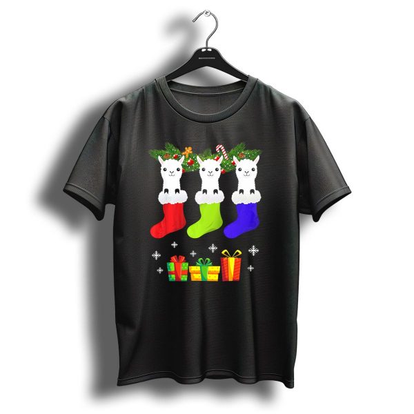 Christmas Sock Llama Santa Hat Holiday Presents Snowflakes T Shirt 1 t shirt 1