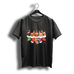Christmas Socks Dachshund Santa Hats Snowflakes T-Shirt