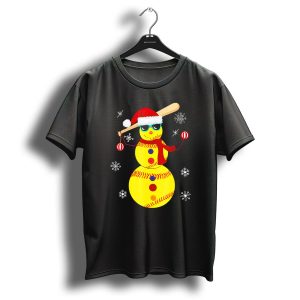 Christmas Softball Snowman With Bat And Santa Hat T Shirt