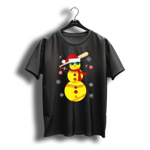 Christmas Softball Snowman With Bat And Santa Hat T-Shirt