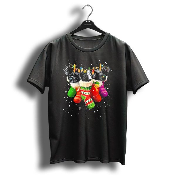 Christmas Stocking Cameras With Festive Lights For Photography Lovers T Shirt 1 t shirt 1