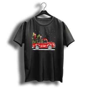 Christmas Three Chimpanzee Ride Red Truck Snowy Holiday Scene T Shirt
