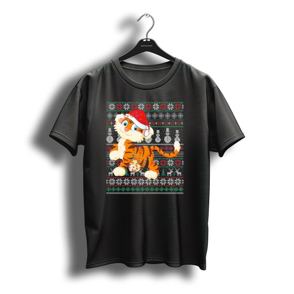 Christmas Tiger Santa Hat Snowflakes Reindeer Ugly T Shirt t shirt 1