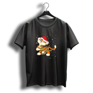 Christmas Tiger With Santa Hat And Holiday Lights T Shirt