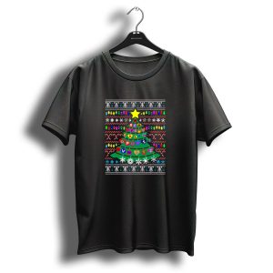 Christmas Tree Alphabet Teacher Ugly Sweater Pattern Snowflakes And Candy Canes T-Shirt