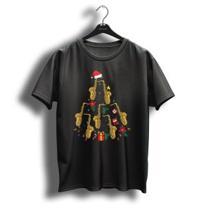 Christmas Tree Made Of Saxophones With Santa Hat And Holiday Decorations T Shirt