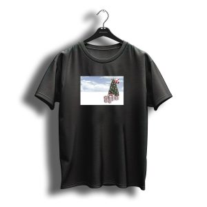 Christmas Tree Santa Flying Above Gift Boxes In Snowy Sky T-Shirt