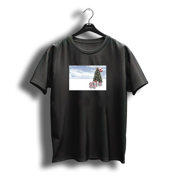 Christmas Tree Santa Flying Above Gift Boxes In Snowy Sky T Shirt t shirt 1