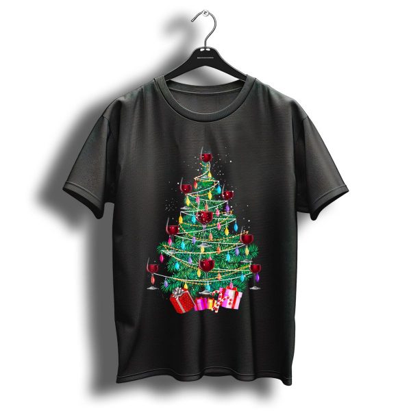 Christmas Tree Wine Glass Merry Xmas Wine Present Lights T Shirt 1 t shirt 1
