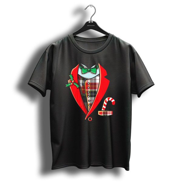 Christmas Tuxedo Plaid Suit Jacket With Green Bow Tie And Candy Cane T Shirt 1 t shirt 1