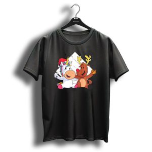 Christmas Unicorn And Reindeer Enjoying Cookie Together T Shirt