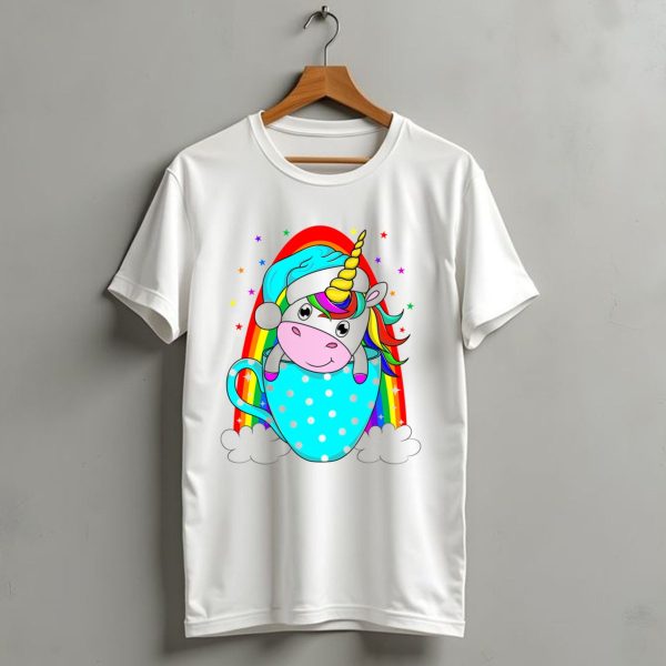 Christmas Unicorn In Cup Rainbow Santa Hat Stars T Shirt 1 t shirt 1