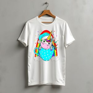 Christmas Unicorn In Cup Rainbow Santa Hat Stars T-Shirt