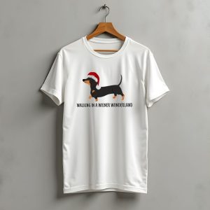 Christmas Walking In A Wiener Wonderland Dachshund With Santa Hat T-Shirt