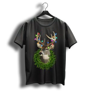 Christmas Whitetail Deer Buck With Holiday Lights And Evergreen Wreath T Shirt 1