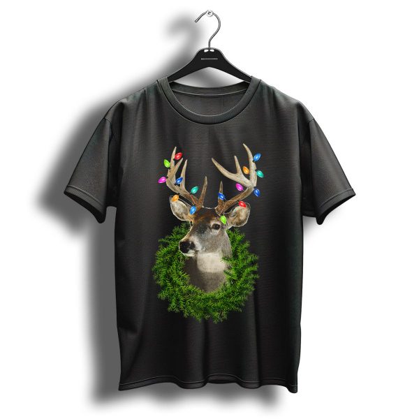 Christmas Whitetail Deer Buck With Holiday Lights And Evergreen Wreath T Shirt 1 t shirt 1