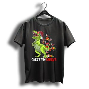Christmasaurus T Rex Santa Hat Wine Ornaments T Shirt