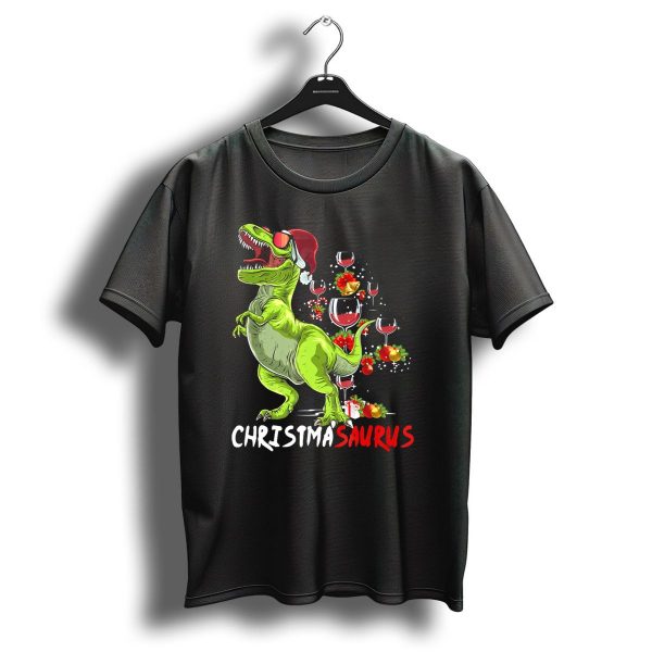 Christmasaurus T Rex Santa Hat Wine Ornaments T Shirt 1 t shirt 1