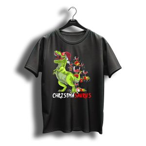 Christmasaurus T Rex Santa Hat Wine T-Shirt