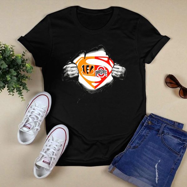Cincinnati Bengals Ohio State Buckeyes Superman Logo Fusion T Shirt Black 1