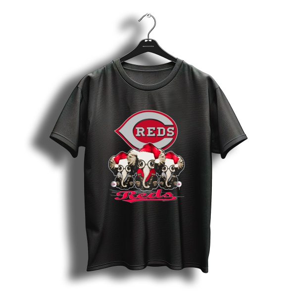Cincinnati Reds Christmas Elephants In Santa Hats T Shirt t shirt 1