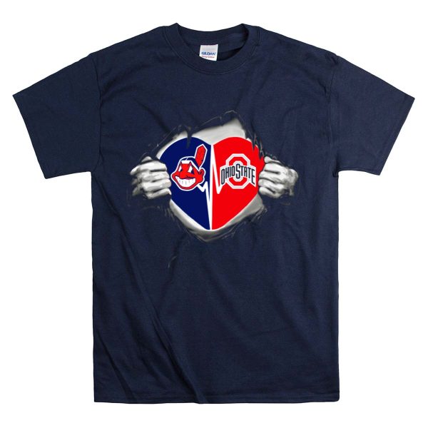 Cleveland Indians Chief Wahoo Logo And Ohio State Buckeyes Split Heart Tear T Shirt Navy