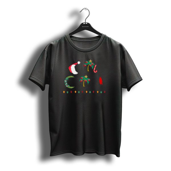 Coastal Christmas Holiday Lights Santa Hat Candy Cane Wreath T Shirt t shirt 1
