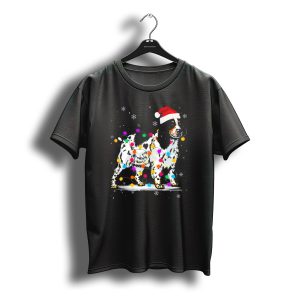 Cocker Spaniel Dog In Santa Hat Wrapped In Colorful Christmas Lights T-Shirt