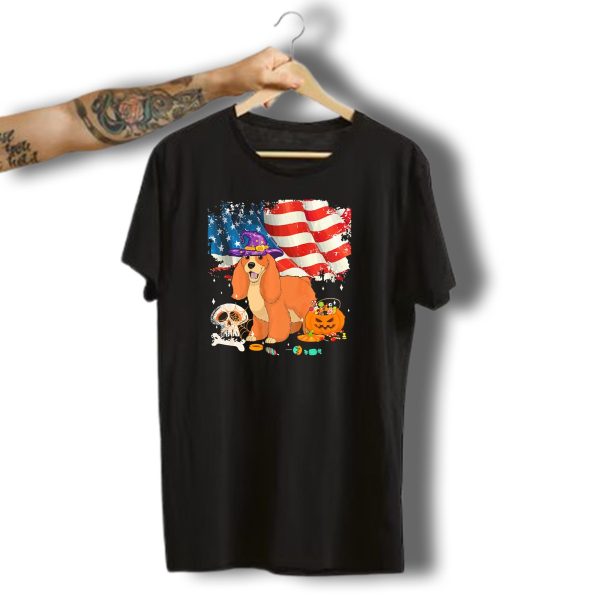 Cocker Spaniel Halloween Witch Dog With American Flag And Candy T Shirt 1 t shirt 1