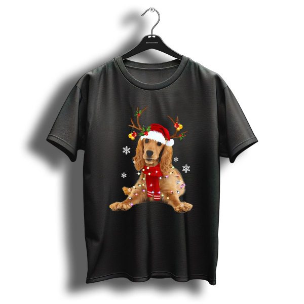 Cocker Spaniel In Santa Hat With Christmas Lights And Reindeer Antlers T Shirt 1 t shirt 1