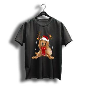 Cocker Spaniel In Santa Hat With Christmas Lights And Reindeer Antlers T-Shirt