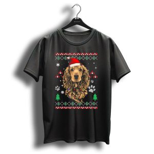 Cocker Spaniel Santa Hat Christmas Lights Paw Print Pattern Snowflakes T Shirt