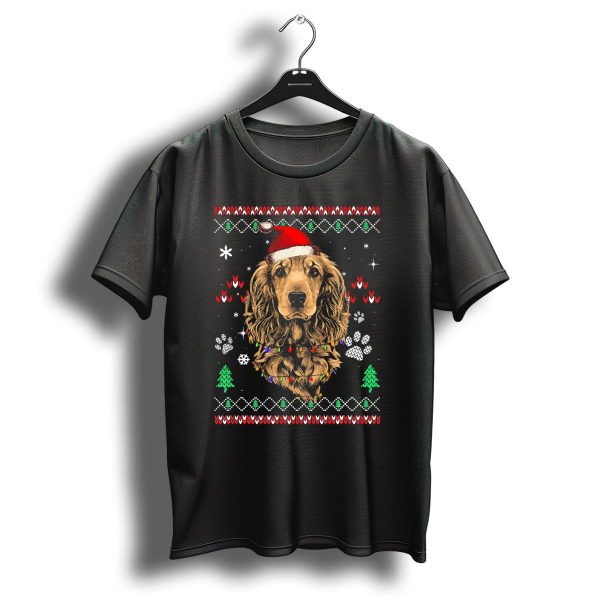 Cocker Spaniel Santa Hat Christmas Lights Paw Print Pattern Snowflakes T Shirt 1 t shirt 1