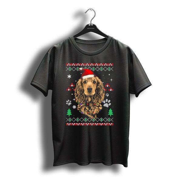 Cocker Spaniel Santa Hat Christmas Lights Paw Print Pattern Snowflakes T Shirt t shirt 1