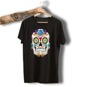Colorful Funny Halloween Sugar Skull With Flowers And Gem T-Shirt