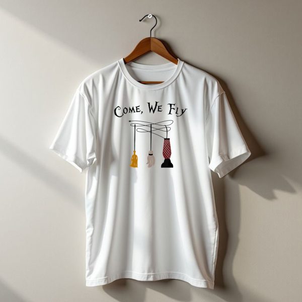 Come We Fly Funny Halloween Witches Broom Mop Vacuum T Shirt t shirt 1