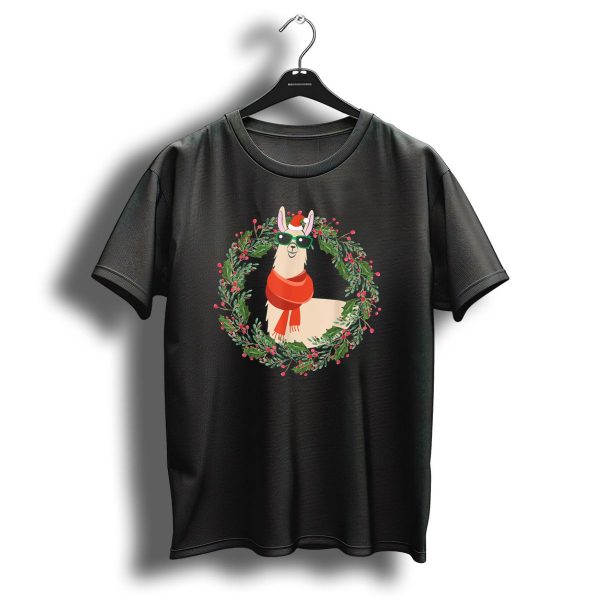 Cool Christmas Llama In Santa Hat And Shades Festive Wreath Fun T Shirt 1 t shirt 1