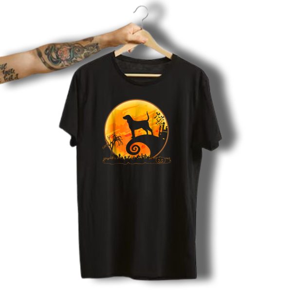 Coonhound Dog And Moon Halloween Silhouette With Pumpkin And Haunted Scene T Shirt t shirt 1