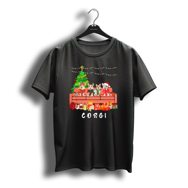 Corgi Christmas Santa Hat Couch Presents Tree Lights T Shirt t shirt 1