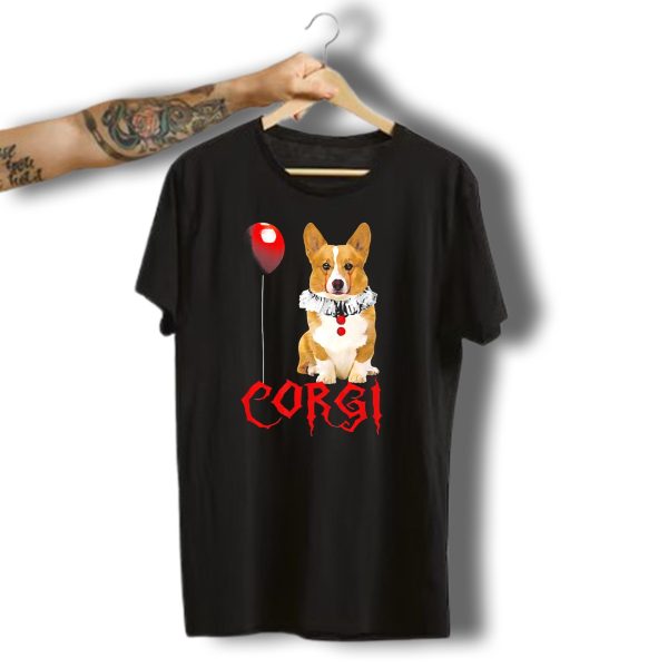 Corgi Clown With Red Balloon Halloween Horror Pennywise T Shirt t shirt 1
