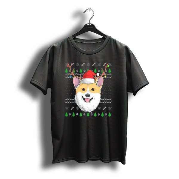 Corgi Dog Antlers Santa Claus Hat Christmas Trees Snowflakes Paw Prints T Shirt t shirt 1