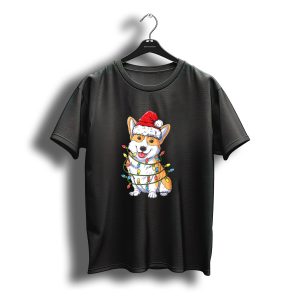 Corgi In Santa Hat Wrapped In Christmas Tree Lights T-Shirt