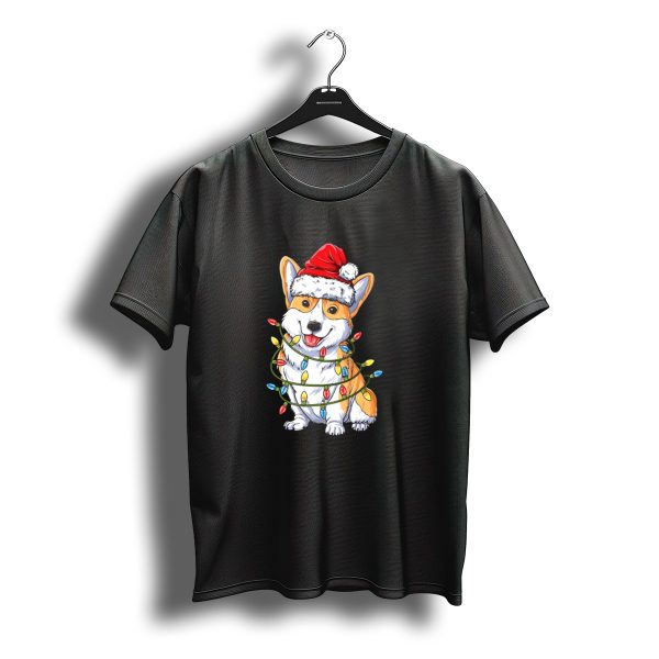 Corgi In Santa Hat Wrapped In Christmas Tree Lights T Shirt t shirt 1