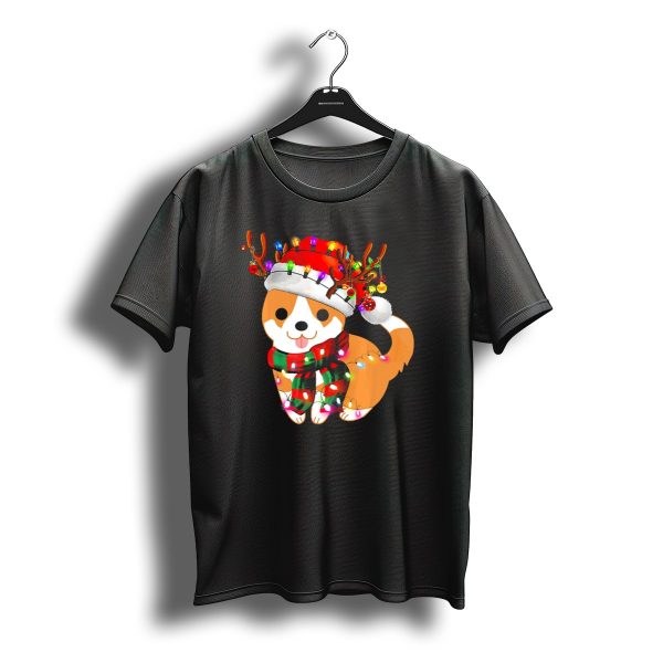 Corgi Puppy Christmas Reindeer Lights And Santa Hat T Shirt t shirt 1