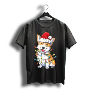 Corgi Santa Hat Wrapped In Christmas Tree Lights T-Shirt