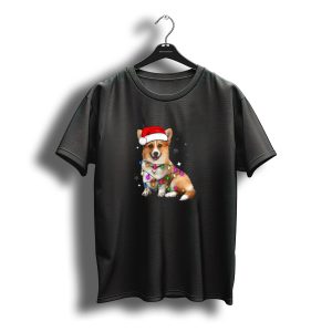Corgi Santa Wrapped In Christmas Tree Lights With Snowflakes T-Shirt
